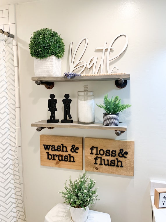 Bathroom Sign Set of 2 Wash Brush Floss Flush Sign Bathroom