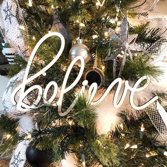 Believe Christmas Tree Ornament Word Hand Lettered White - Etsy