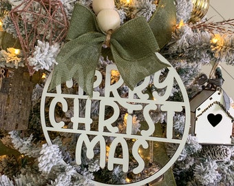 Large Merry Christmas Tree Ornament Word Circle, White Laser Cut Christmas Ornaments with Wood Beads and Ribbon