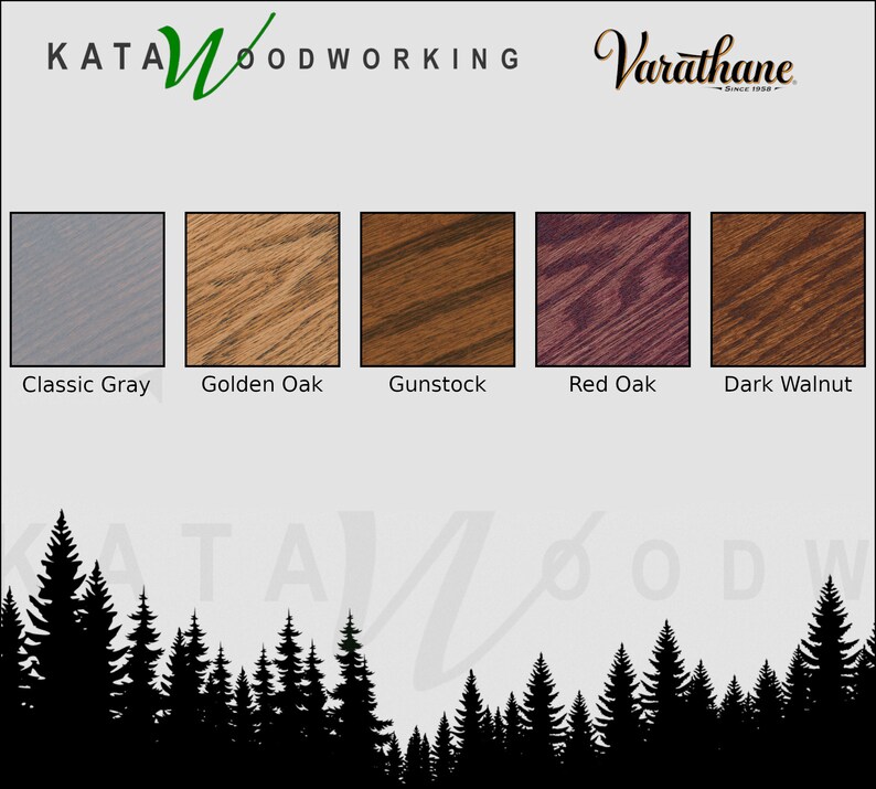 May include: Five wood stain color samples in a row, from left to right: Classic Gray, Golden Oak, Gunstock, Red Oak, Dark Walnut. The samples are labeled with their names below each one. The image is from Kata Woodworking, a company that specializes in woodworking.