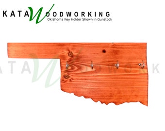 Oklahoma State Shaped Key Holder for Wall - Wood Wall Mount Key Hanger Rack Hooks - Tack Room Boatouse - Jewelry Organizer - Handmade