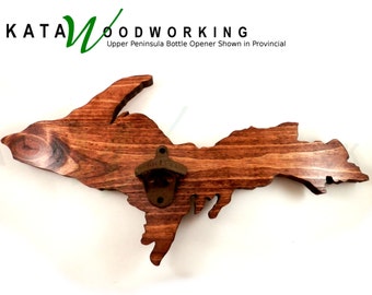 Large Michigan Upper Peninsula Shaped Wood Cut-out Bottle Opener For Wall - Handmade - Wall Mount