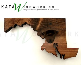 Handmade Maryland State Wood Bottle Opener: Rustic Wall Mount Barware