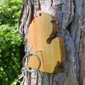 May include: Wooden cutout of the state of Michigan with a metal ring toss game attached. The game is mounted on a tree trunk.