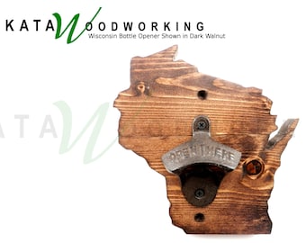 Wisconsin State Shaped Wood Cut out Bottle Opener for Wall - Wall Mount Barware - Handmade!