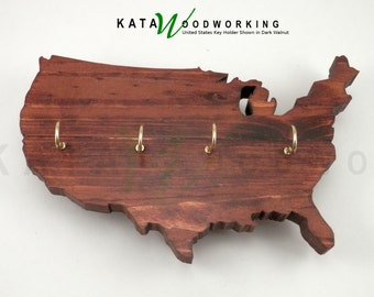 United States of America Shaped Wood Key Holder For Wall - Wall Mount USA Key Hanger Rack - Handmade!