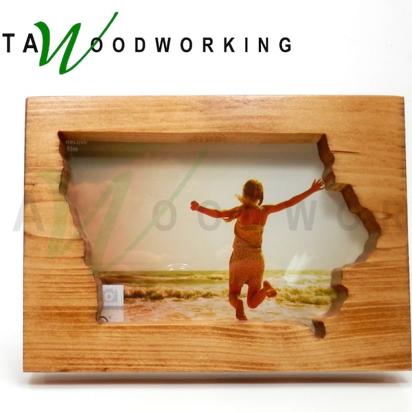 Iowa State Shaped Picture Frame - 5" x 7" Photo Holder - Wood - Hawkeye - Hand Made
