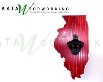 Illinois State Shaped Beer Bottle Opener for Wall - Wall Mount Wood Barware - Handmade