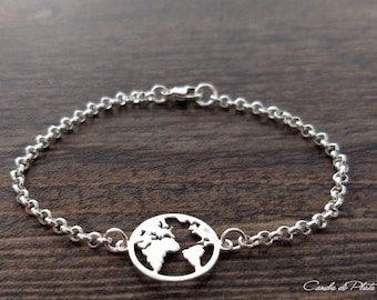 Sterling Silver World Bracelet. Sterling Silver Planet Earth Bracelet with rolo chain. Sterling silver globe bracelet