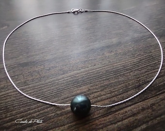 Tahitian look Swarovski pearl solitaire choker on fine sterling silver cord