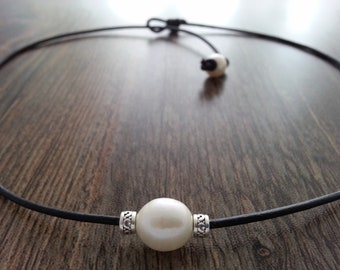 Leather necklace with a single freshwater pearl and sterling silver. Leather Choker only large pearl and silver