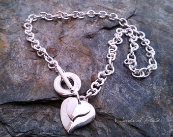 Thick chain necklace with double heart sterling silver filled. Silver filled choker. Classic jewelry