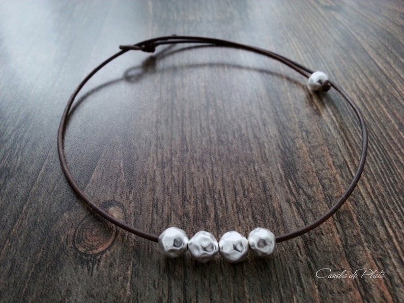 Choker leather and hammered sterling silver balls Boho necklace