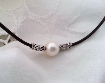 Leather choker, sterling silver and freshwater pearl