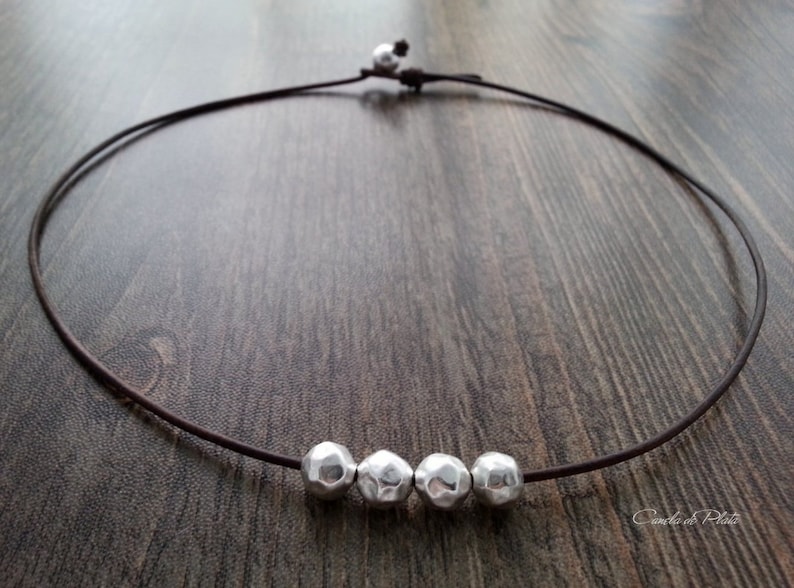 Choker leather and hammered sterling silver balls Boho necklace