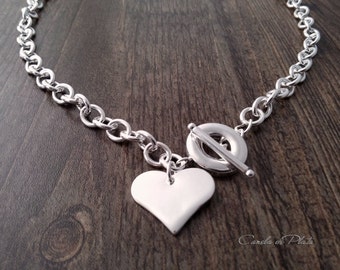 Heart charm necklace silver plated chain and toggle clasp. Thick chain necklace with sterling silver plated heart pendant and toggle clasp