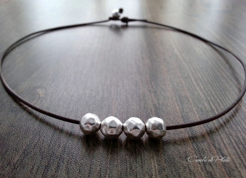 Choker leather and hammered sterling silver balls Boho necklace