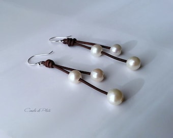 Leather earrings, sterling silver and freshwater pearl
