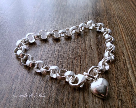 Pulsera plata cadena rolo 6.6 mm con colgante corazón. - Etsy España