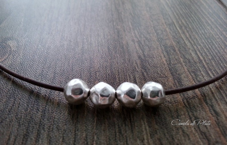 Choker leather and hammered sterling silver balls Boho necklace