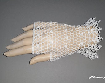 Crochet Mittens, Fingerless Gloves,White, 100% Mercerized Cotton.