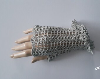 Crochet Mittens, Fingerless Gloves,Light Grey, Sharkskin Colour, 100% Mercerized Cotton.