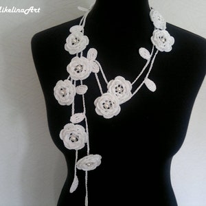 Crochet Rose Necklace, Crochet Neck Accessory, Flower Necklace, White, 100% Cotton. image 1