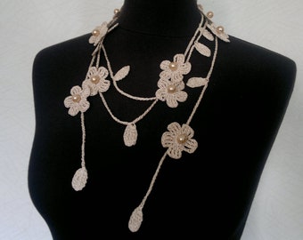 Collier crochet, Accessoire Col Crochet, Collier Fleur, Ivoire, 100% Coton.