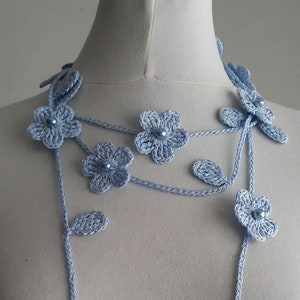 Crochet Necklace, Crochet Neck Accessory, Flower Necklace, Light Sky Blue Color, 100% Cotton.