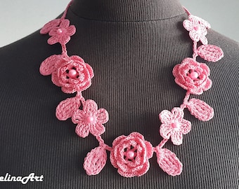 Crochet Rose Necklace, Crochet Neck Accessory, Flower Necklace, Hot Pink, 100% Cotton.