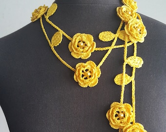 Crochet Rose Necklace,Crochet Neck Accessory, Flower Necklace, Yellow, 100% Cotton.