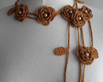 Crochet Rose Necklace, Crochet Neck Accessory, Flower Necklace, Spicy Mustard Colour, Dark Yellow, 100% Cotton.