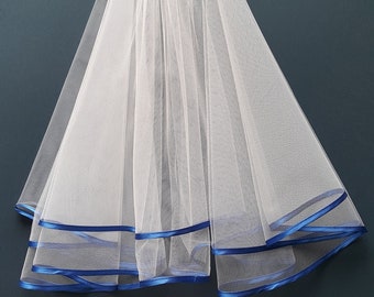 White Wedding Veil, Two Layers, Royal Blue Satin Edging.
