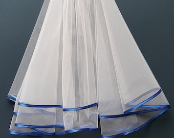 White Wedding Veil, Two Layers, Royal Blue Satin Edging. - Etsy display picture 1