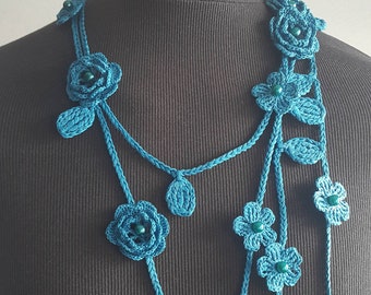 Crochet Rose Necklace, Crochet Neck Accessory, Flower Necklace, Biscay Bay Colour, Turquoise, 100% Cotton.