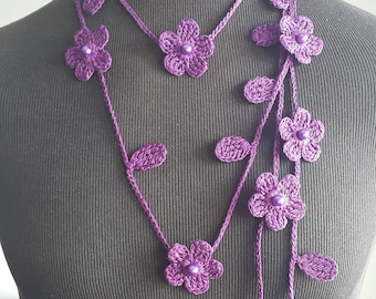 Crochet Necklace, Crochet Neck Accessory, Flower Necklace, Purple, 100% Cotton. Active