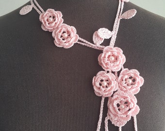 Crochet Rose Necklace, Crochet Neck Accessory, Flower Necklace, Pale Pink, 100% Cotton.