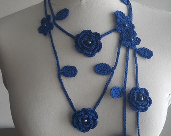 Crochet Rose Necklace, Crochet Neck Accessory, Flower Necklace, Royal Blue, 100% Cotton.