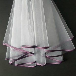 White Wedding Veil, Two Layers, Purple Satin Edging. image 1