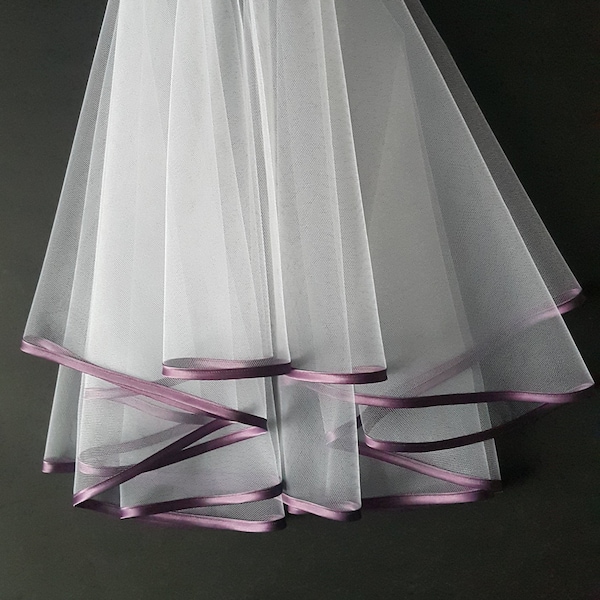 White Wedding Veil, Two Layers, Purple Satin Edging.