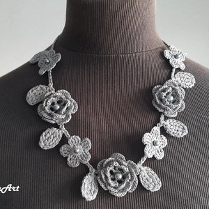 Crochet Rose Necklace,Crochet Neck Accessory, Flower Necklace, Sharkskin Gray Color, 100% Cotton. image 1