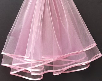 Pink Wedding Veil, Two Layers, Pink Satin Edging.