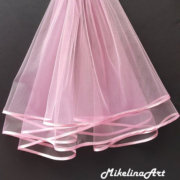 Pink Wedding Veil, Two Layers, Pink Satin Edging.