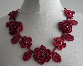 Crochet Rose Necklace, Crochet Neck Accessory, Flower Necklace, Wine Colour, 100% Cotton.