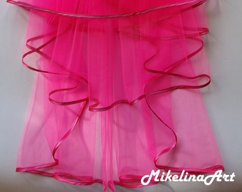 Hot Pink Wedding Veil, Three Layers, Satin Edging