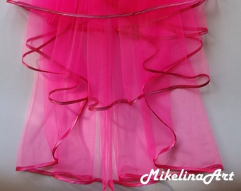 Hot Pink Wedding Veil, Three Layers,Hot Pink Satin Edging.