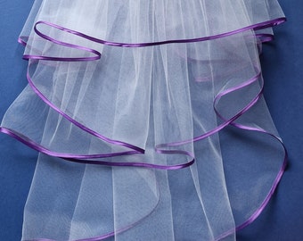 White Wedding Veil, Three Layers, Purple Satin Edging.