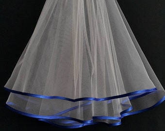 Ivory Wedding Veil, Two Layers, Royal Blue Satin Edging.