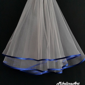 Ivory Wedding Veil, Two Layers, Royal Blue Satin Edging. image 1