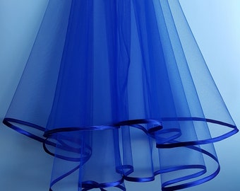 Royal Blue Wedding Veil, Two Layers, Royal Blue Satin Edging.